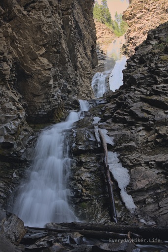 Looking up at the three sections of falls, just a little bit earlier in the day and that upper fall wouldn't be so washed out.