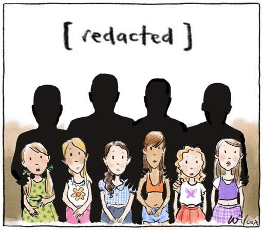 young girls, with silhouetted men whose faces cannot be seen. Caption: [redacted].