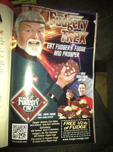 An ad in a magazine for “Fudgery Trek,” complete with First Fudge Officer Mr Papa Fudge and a redshirt holding a bunch of fudge. It says “eat Fudgery fudge and prosper” 