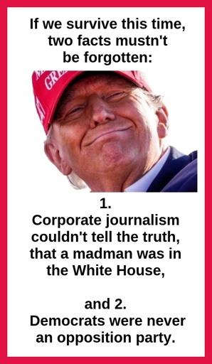 If we survive this time, two facts mustn't be forgotten: ① Corporate journalism couldn't tell the truth, that a madman was in the White House, and ② Democrats were never an opposition party.