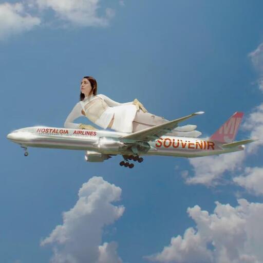 Cover of Maria Jaume's album Nostàlgia Airlines (SOUVENIR). It features an upscaled Maria Jaume laying on top of a flying aeroplane.