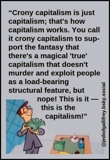 “Crony capitalism is just capitalism, that's how capitalism works. You call it crony capitalism to support the fantasy that there's a magical 'true' capitalism that doesn't murder and exploit people as a load-bearing structural feature. but nope! This is it — this is the capitalism!”
