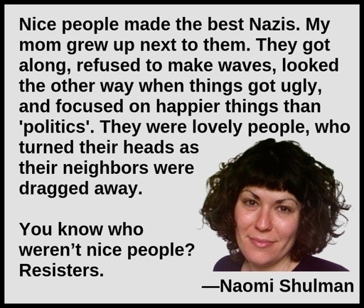 “Nice people made the best Nazis. My mom grew up next to them. They got along, refused to make waves, looked the other way when things got ugly and focused on happier things than “politics.” They were lovely people who turned their heads as their neighbors were dragged away. You know who weren’t nice people? Resisters.” ― Naomi Shulman 