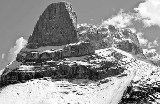 The front face of Roche Miette in black and white.