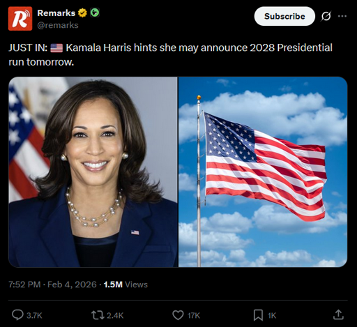 Kamala announces she may announce 2028 run tomorrow
